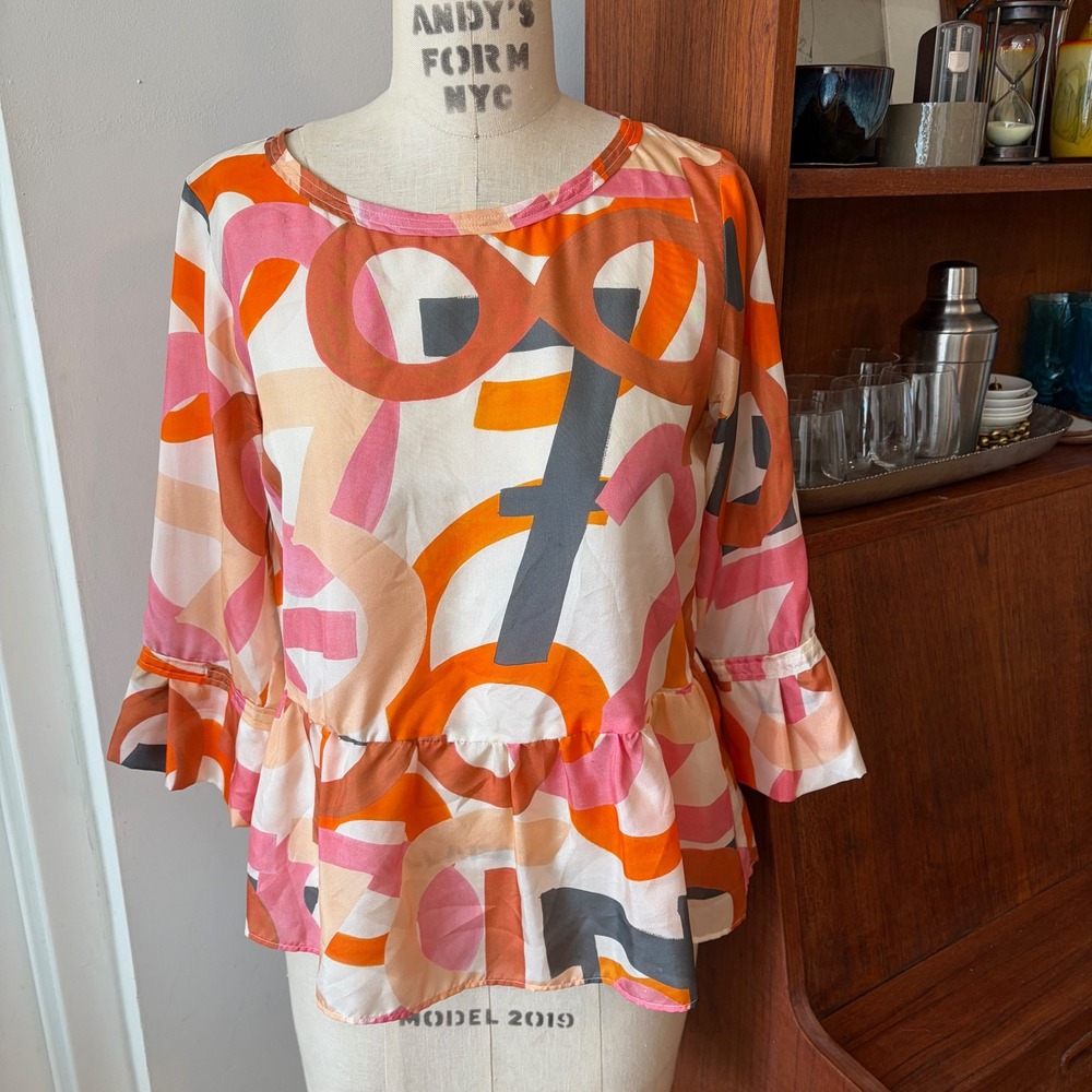 CALIBAN Italian Silk Graphic Letter Number Print Ruffle Peplum Top Size 42 (6)